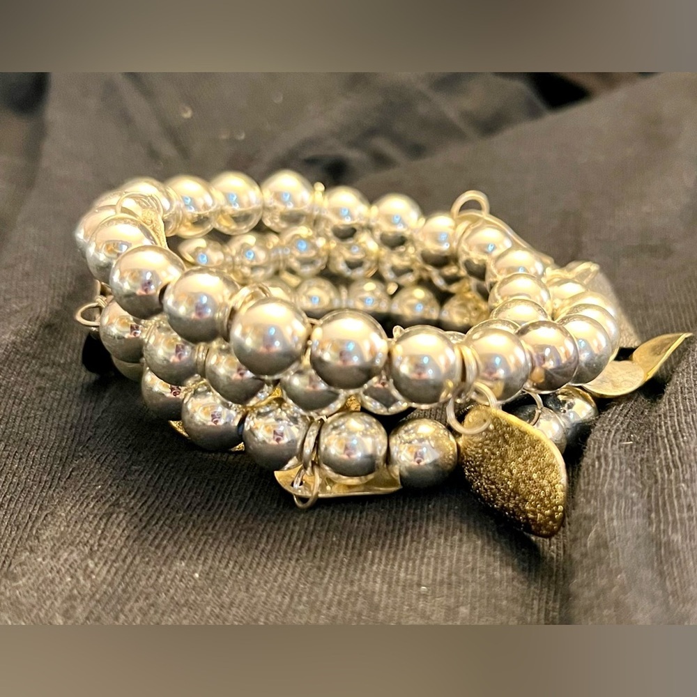 Vintage Chunky Mixed Metal Beaded Bracelet Stack Gold Silver Dangle Charms Boho